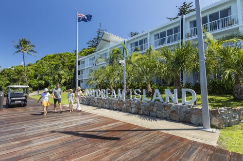 Family arriving at the island resort